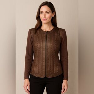 Nygard Collection Petites Brown Leather Panel Zip Jacket Size M (10–12)